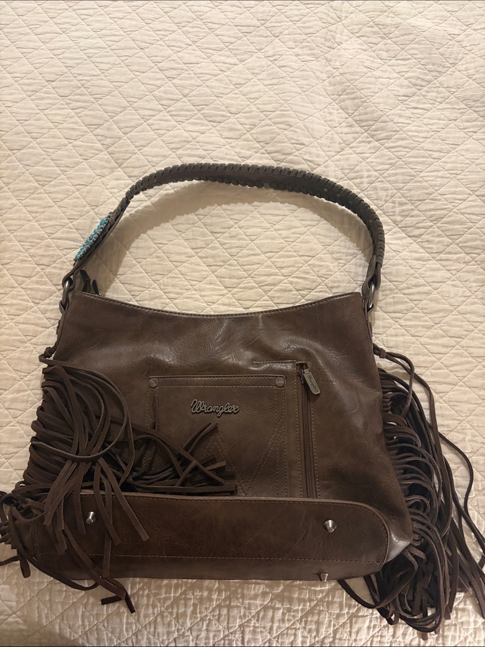 Wrangler Dark Brown Leather Fringe Shoulder Bag with Braided Handle